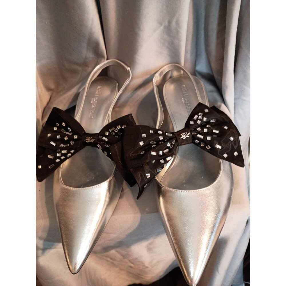 Karl Lagerfeld Sky Lynn Silver Slingback Pumps Removable Crystal Embellished Bow